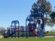 Community playground with blue, red, and gray play structures, slides, and climbing area surrounded by green grass at 12425 Bellaire Dr, Thornton, CO 80241