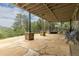 Open-air covered stone patio features views of a lush green lawn and surrounding trees at 1952 Columbine Ct, Golden, CO 80401