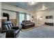 Cozy living room with a leather sofa, wood stove, and an entertainment area perfect for relaxing at 10197 Crest View Dr, Morrison, CO 80465