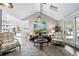 A stylish living room with high ceilings, a skylight, designer furnishings, and seamless access to the outdoor patio at 3500 S Franklin St, Englewood, CO 80113