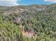 Aerial view showcases the home surrounded by a lush forest landscape at 13314 Spruce Creek Cir, Larkspur, CO 80118