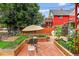 Outdoor patio area featuring brick pavers, garden beds, and a shaded dining area at 274 S Lincoln St, Denver, CO 80209