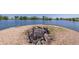 A rock fire pit by the lake offers scenic outdoor relaxation, surrounded by a beach-like setting at 14447 Madison St, Thornton, CO 80602