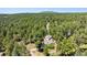 High aerial shot showcases a home in a dense forest setting with distant mountain views on a clear day at 18971 Shadowood Dr, Monument, CO 80132