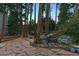 Landscaped backyard featuring a stone patio, mature trees, and pond at 18971 Shadowood Dr, Monument, CO 80132