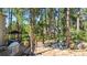Backyard with lush landscaping, mature trees, and patio with table and chairs at 18971 Shadowood Dr, Monument, CO 80132