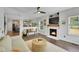 Spacious living room showcasing an open floor plan, a fireplace, wood floors, and a view into the kitchen at 215 Mcafee Cir, Erie, CO 80516
