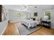 A serene main bedroom boasts hardwood floors, two windows and a plush bed and modern decor at 2432 S Columbine St, Denver, CO 80210