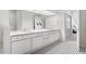 Bright bathroom featuring black and white tile, double sinks, and a view to bedroom at 2032 W Nantucket Ct, Littleton, CO 80120