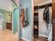 Hallway with wood floors, arched doorways, a coat rack with towels, and closet with shelves at 19098 E Ida Dr, Aurora, CO 80015