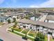Aerial view of a planned residential community with townhomes and green spaces at 4774 Kittredge St, Denver, CO 80239