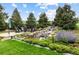 Landscaped yard featuring a decorative waterfall and fire pit with Adirondack chairs at 4586 Carefree Trl, Parker, CO 80134