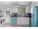 Bright kitchen features white cabinetry, butcher block countertops, stainless appliances, and vintage turquoise refrigerator at 1740 Trenton St, Denver, CO 80220