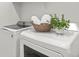 Well-lit laundry room featuring modern washer and dryer with a basket of towels and a decorative plant on top at 24447 E Ada Ave, Aurora, CO 80018