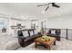 Bright, open concept living room featuring updated kitchen, leather sofas, and modern decor at 24447 E Ada Ave, Aurora, CO 80018