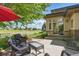 Relaxing patio area with comfortable seating and views of the well-manicured lawn and mature trees on a sunny day at 4405 Fairway Ln, Broomfield, CO 80023