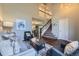 Open-concept living room with hardwood floors, staircase, and modern decor at 5645 S Himalaya Way, Centennial, CO 80015