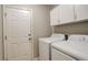 Bright laundry room equipped with a washer, dryer, and storage cabinets above at 6522 S Hoyt Way, Littleton, CO 80123