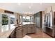 Gourmet kitchen featuring a large island, stainless steel appliances, and scenic views from the dining area at 49 Dawn Heath Cir, Littleton, CO 80127