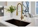 Close-up of a kitchen sink with a golden faucet and a stylish decorative piece at 5148 W 44Th Ave, Denver, CO 80212
