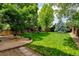 Expansive backyard showcasing well-maintained lawn, mature trees, and a play set at 7245 Prairie Cir, Longmont, CO 80504