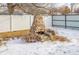 Stone outdoor fireplace in snowy backyard setting at 3780 Benton St, Wheat Ridge, CO 80212