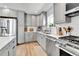 This kitchen showcases updated gray cabinets, stainless steel appliances, a window over the sink, and hardwood floors at 3178 N Race St, Denver, CO 80205
