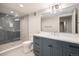 Basement bathroom with a walk-in shower and modern vanity at 760 Jersey St, Denver, CO 80220