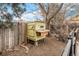 Backyard view of chicken coop, wooden fencing, and large tree at 2646 Colorado Blvd, Denver, CO 80207