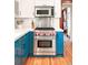 Close-up of the updated Wolf range, stainless steel hood, and modern cabinets in the kitchen at 1557 Fillmore St, Denver, CO 80206