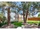 Backyard featuring a lush lawn, privacy fence, mature trees, and rock landscaping providing shade and privacy at 3102 White Oak Trl, Highlands Ranch, CO 80129