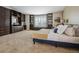 Serene main bedroom featuring a built-in entertainment center, carpeted flooring, and a comfortable bed at 3309 Springbriar Dr, Castle Rock, CO 80109