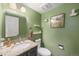Cozy bathroom featuring a granite vanity, a modern toilet, and charming decorative shelves at 6937 S Knolls Way, Centennial, CO 80122