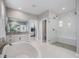 Contemporary bathroom featuring walk-in shower, a standalone tub, and double vanity sinks at 6733 S Waterloo Ct, Aurora, CO 80016