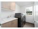 Laundry room with updated washer and dryer and storage at 2107 S Grant St, Denver, CO 80210