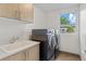 Modern laundry room with sleek gray washer and dryer, built-in cabinets, and a bright window at 2107 S Grant St, Denver, CO 80210