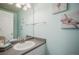 Bathroom decorated with sea turtle paintings, a gray counter top, and bright lighting at 114 Vale St, Palmer Lake, CO 80133