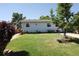 Lawn featuring healthy green grass, shrubs along the house, and shade trees in the backyard at 1455 W Alaska Pl, Denver, CO 80223