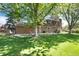 Spacious backyard view showcasing a well-manicured lawn, mature trees, and brick home with patio and outdoor seating at 10366 E Ida Ave, Greenwood Village, CO 80111