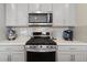 Close-up of a well-equipped kitchen with gray cabinets, stainless steel appliances, and a tile backsplash at 3011 Low Meadow Blvd, Castle Rock, CO 80109