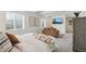 Finished basement bedroom area features two windows, neutral walls, carpet, and TV at 3178 Geneva Ct, Denver, CO 80238