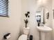 Bright powder room featuring a pedestal sink, modern fixtures, and stylish wall decor at 17448 E 103Rd Pl, Commerce City, CO 80022