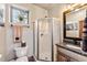 Bathroom featuring a glass-enclosed shower, granite vanity, and decorative accents at 200 Rachel Ln, Breckenridge, CO 80424
