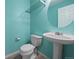 Powder bathroom features blue walls, pedestal sink, and toilet at 1479 Nemrick Pl, Castle Rock, CO 80109