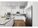 Modern kitchen featuring white cabinetry, stainless steel appliances, and a stylish backsplash at 3598 New Haven Cir, Castle Rock, CO 80109