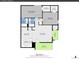Detailed floorplan showcasing the layout, including a spacious living room, kitchen, primary bedroom, and outdoor porch and patio at 11985 E Harvard Ave # 108, Aurora, CO 80014