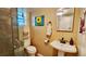 Basement bathroom with shower, sink, and decorative accents at 1303 Newport St, Denver, CO 80220