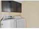 Laundry room with dark cabinets over a white washer and dryer at 6404 Dry Fork Dr, Frederick, CO 80516