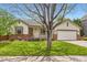 Well-manicured lawn surrounds this beautiful single-story home, complemented by mature shade trees at 741 Hallmark Ln, Longmont, CO 80504