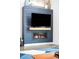 Close-up of fireplace featuring mounted TV and blue paneled shiplap design at 1581 King St, Denver, CO 80204